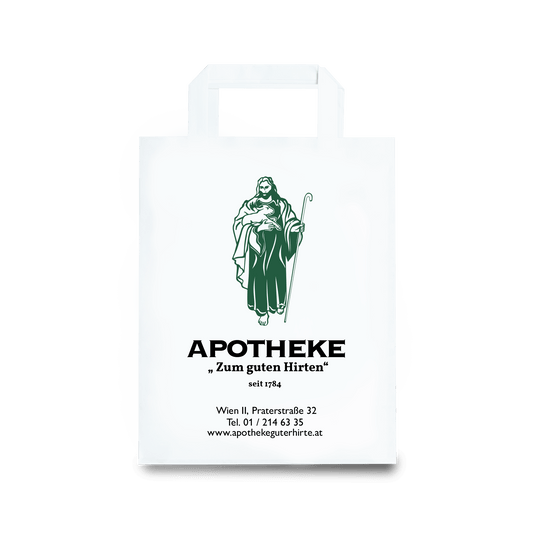 Papiertragetasche mit individuellem Druck in Größe S, mit grünem Logo, umweltfreundlich und stilvoll. Platzieren Sie Ihr Apothekenlogo