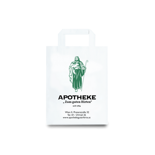 Papiertragetasche mit Apotheke Logo, Größe S, individualdruck, weiß mit grünem Druck, praktisch für den täglichen Gebrauch.