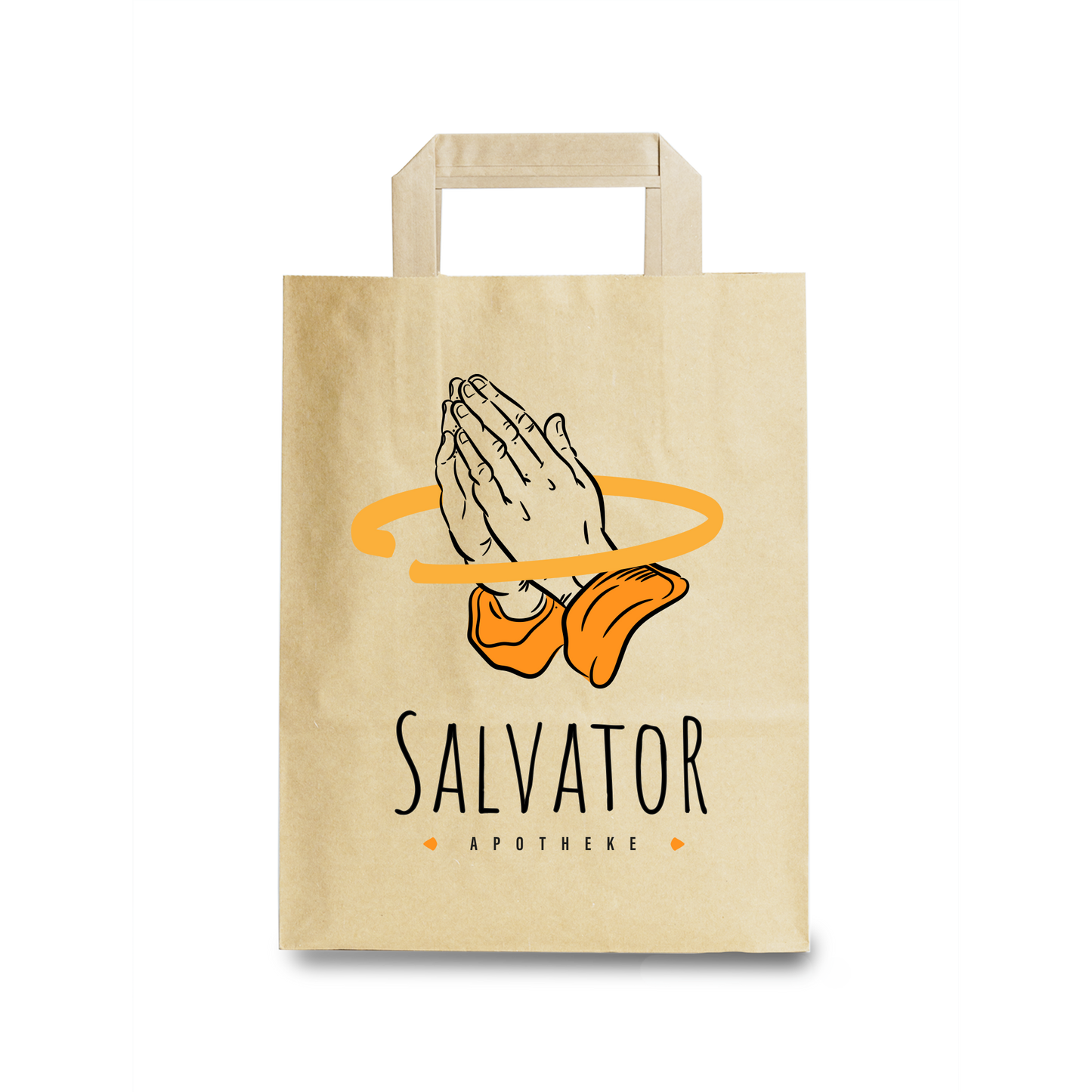 Abbildung einer Papiertragetasche, braun mit Logo der Salvator Apotheke