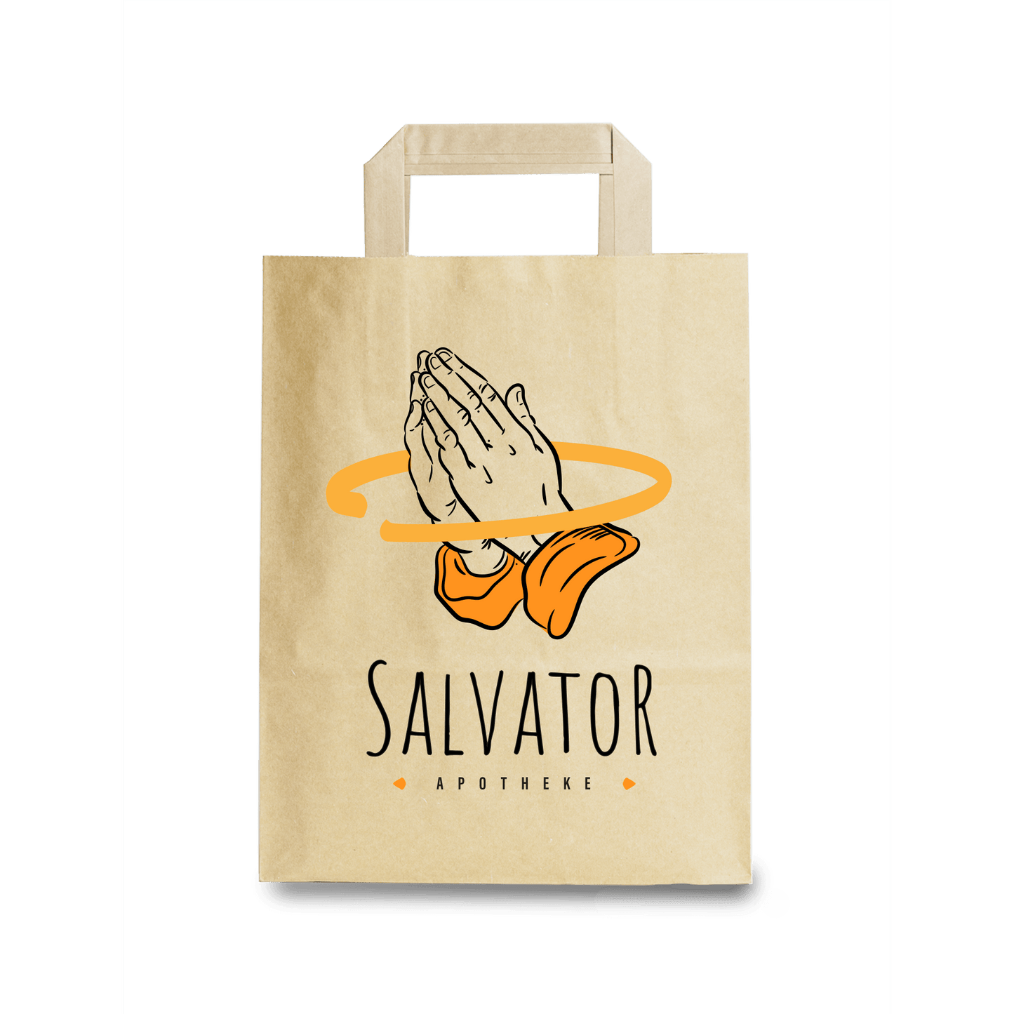 Abbildung einer Papiertragetasche, braun mit Logo der Salvator Apotheke