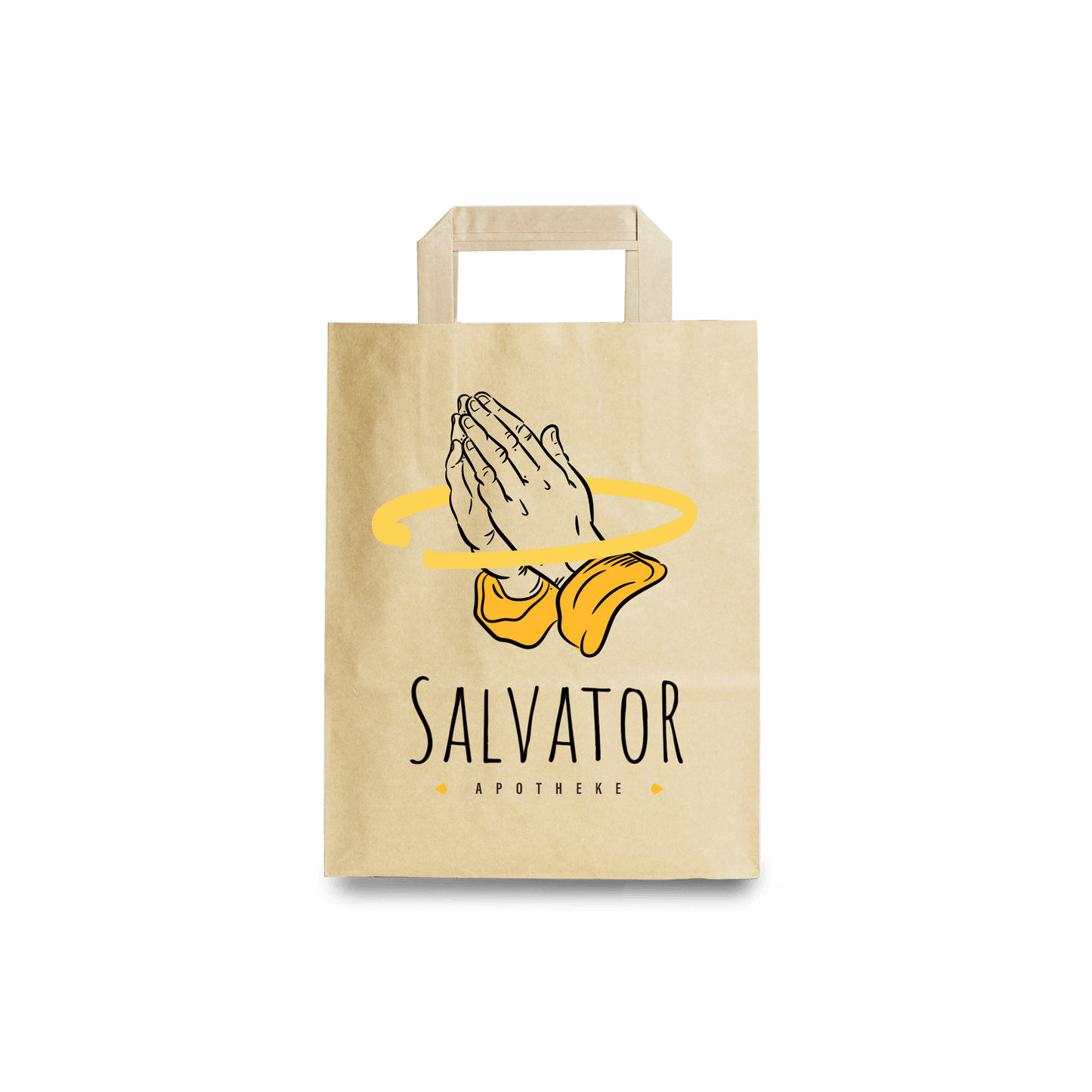 Papiertragetasche mit individuellem Druck, featuring gebetende Hände und das Wort 'Salvator', Größe S.